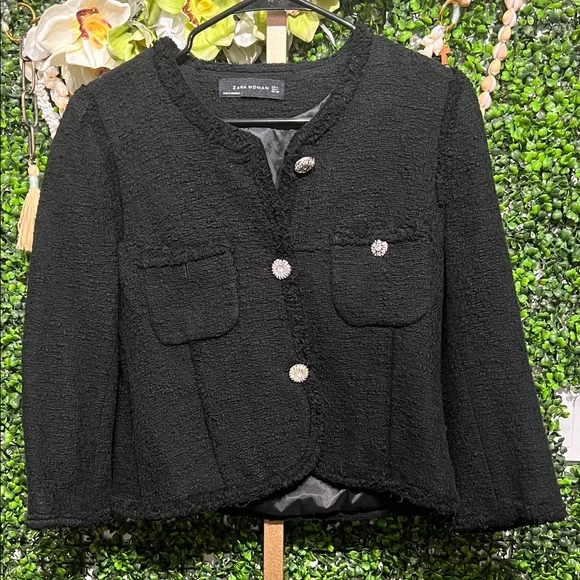 ZARA Black Tweed Frayed Blazer with Gem Buttons Size Large - Picture 4 of 9